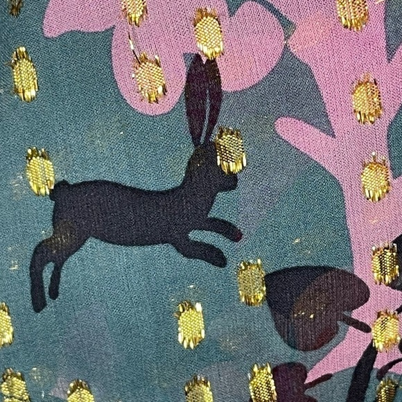 TIBI New York Silk Metallic Gold Teal Rabbit Woodland Forest Sleeveless Blouse 2 - Picture 6 of 15